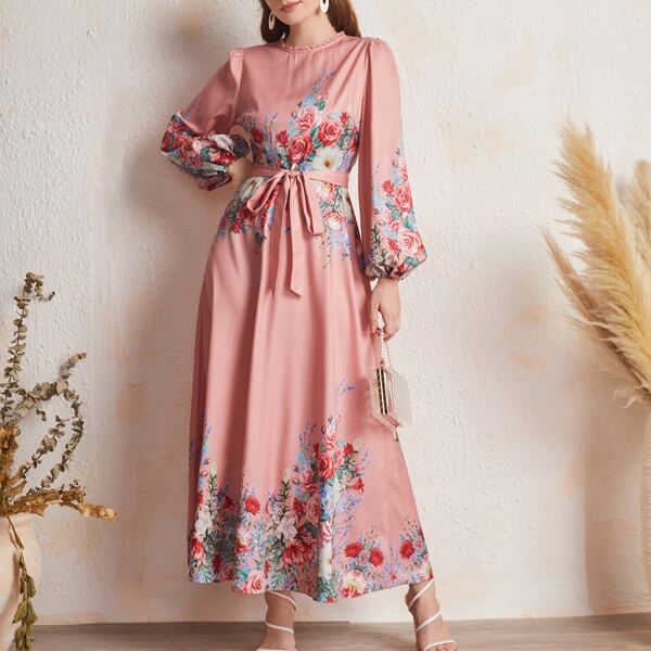 

1 PC Lantern Sleeve Floral Print Belted Dress, Dusty pink