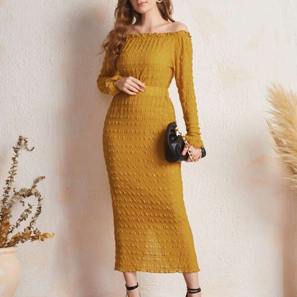 

Off Shoulder Shirred Glitter Mesh Top & Skirt Set, Mustard yellow