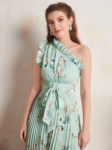 Mulvari 荷葉邊單肩百褶手帕邊腰帶花卉洋裝 - 薄荷綠 - 查看 4