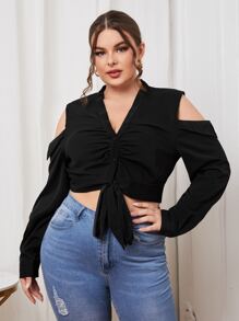 Blusa unicolor de hombros descubiertos con cordón delantero - Negro - Ver 1