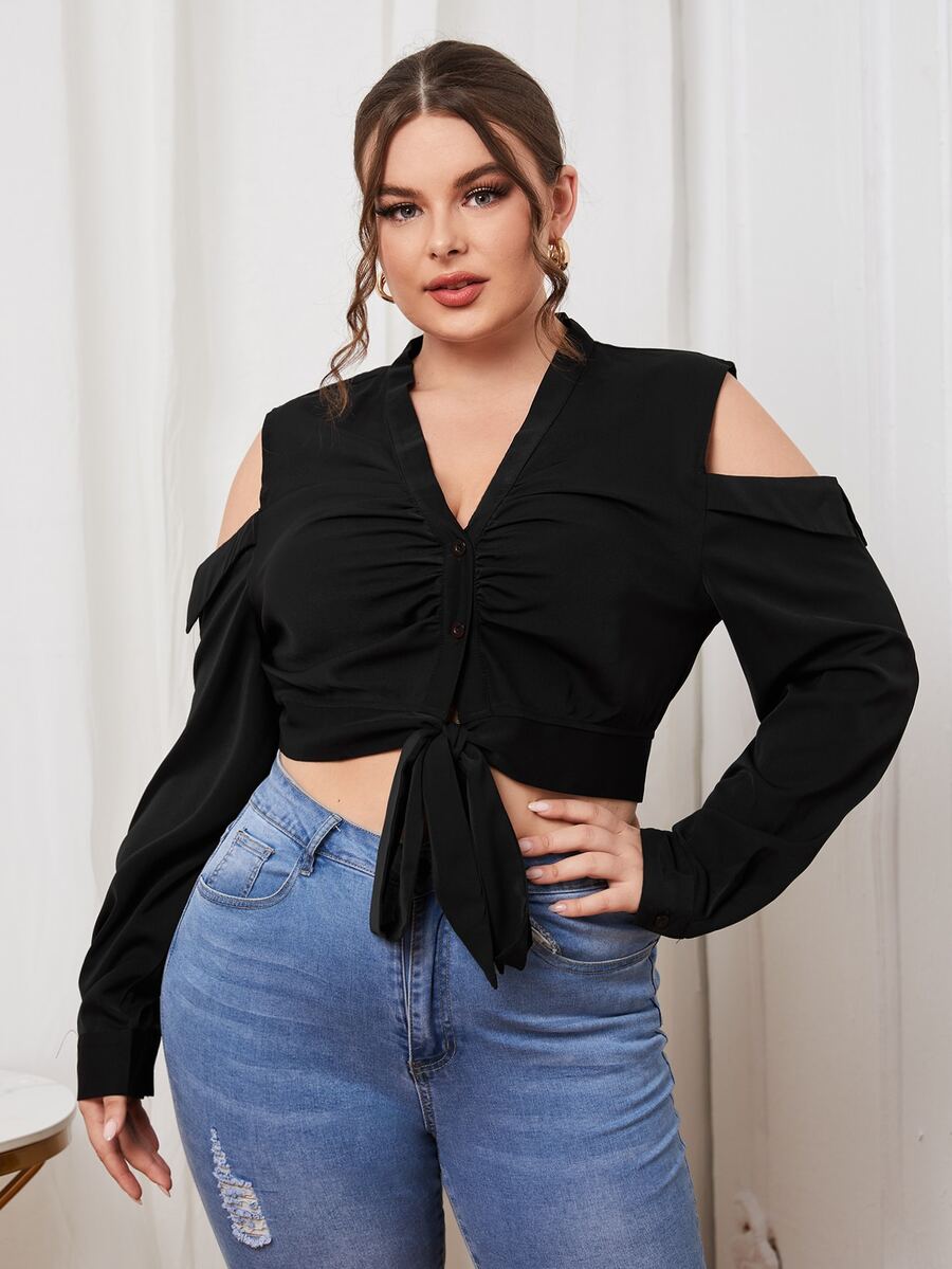 Blusa unicolor de hombros descubiertos con cordón delantero - Negro - Ver 1