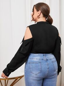 Blusa unicolor de hombros descubiertos con cordón delantero - Negro - Ver 2