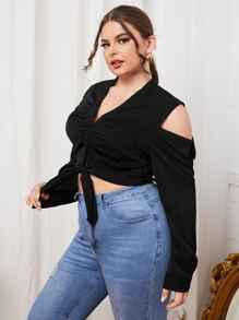 Blusa unicolor de hombros descubiertos con cordón delantero - Negro - Ver 3