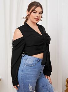 Blusa unicolor de hombros descubiertos con cordón delantero - Negro - Ver 4