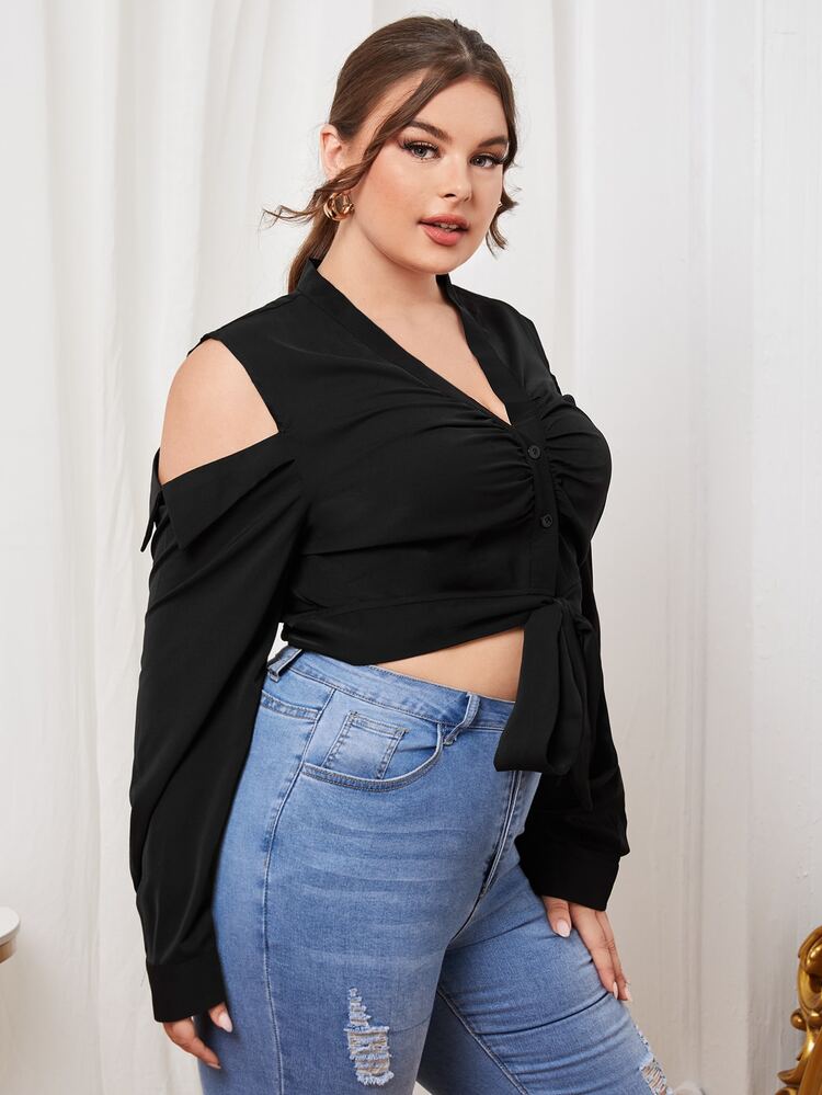 Blusa unicolor de hombros descubiertos con cordón delantero - Negro - Añade 4