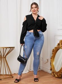 Blusa unicolor de hombros descubiertos con cordón delantero - Negro - Ver 5