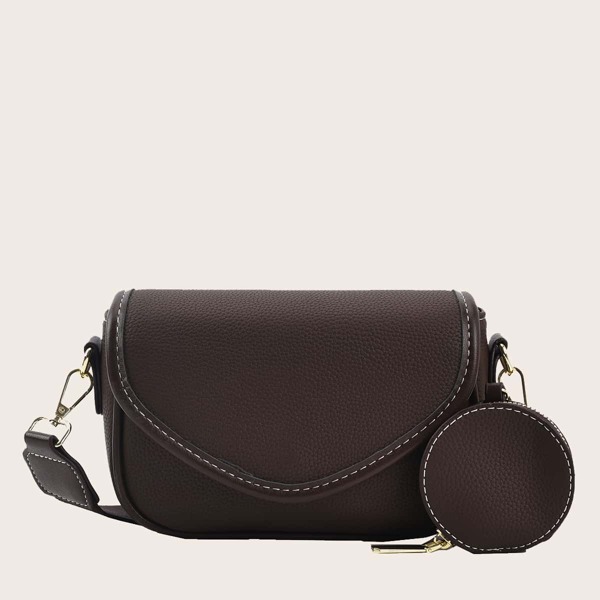 

Stitch Detail Flap Crossbody Bag With Coin Case, Coffee brown