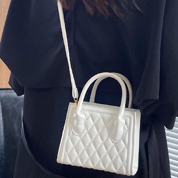 

Quilted Pattern Satchel Bag, White