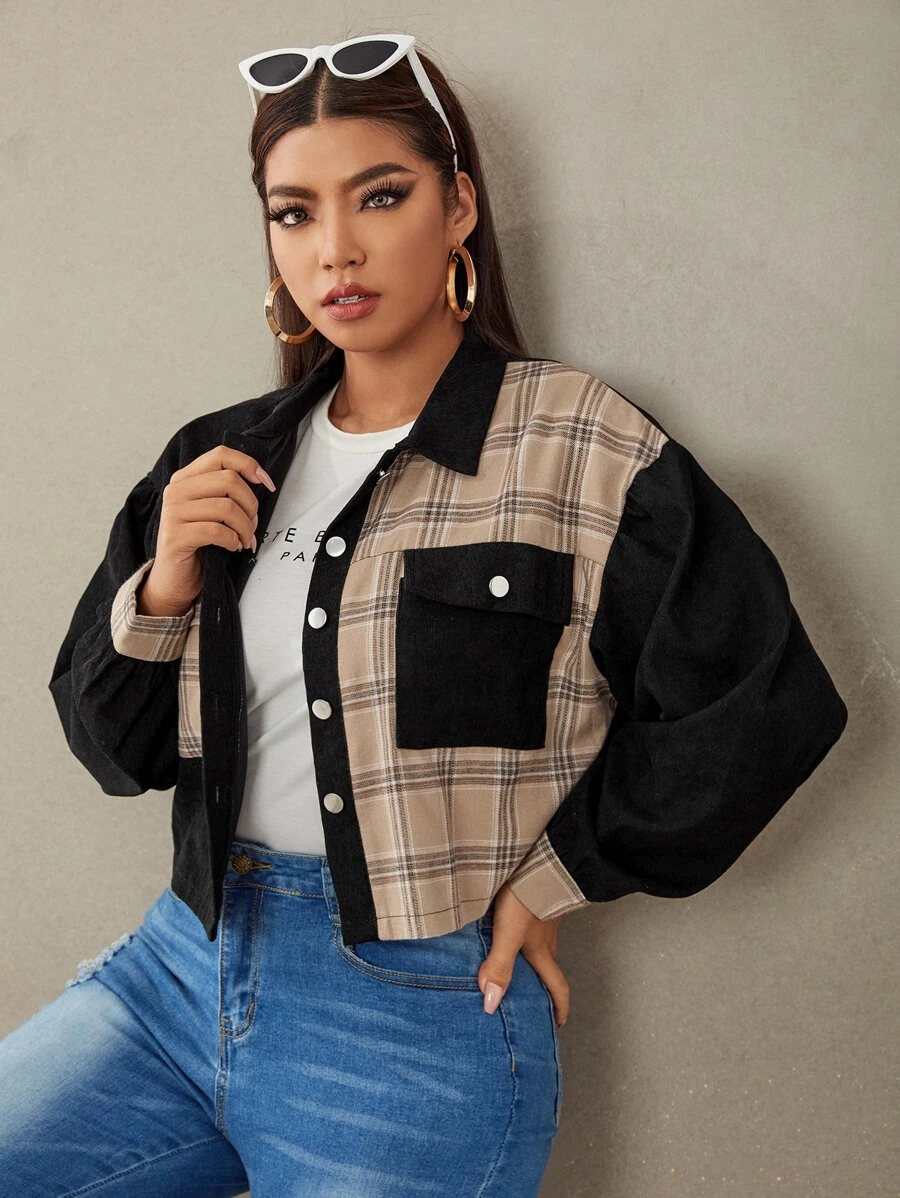 SHEIN EZwear áo khoác kích thước lớn Túi Nút phía trước Sọc ca rô Giải trí - Nhiều màu - Xem 1