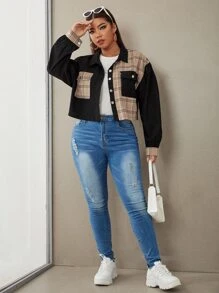 SHEIN EZwear áo khoác kích thước lớn Túi Nút phía trước Sọc ca rô Giải trí - Nhiều màu - Xem 3