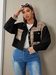 SHEIN EZwear áo khoác kích thước lớn Túi Nút phía trước Sọc ca rô Giải trí - Nhiều màu - Xem 4