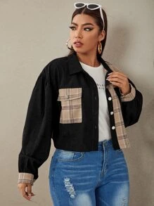 SHEIN EZwear áo khoác kích thước lớn Túi Nút phía trước Sọc ca rô Giải trí - Nhiều màu - Xem 5