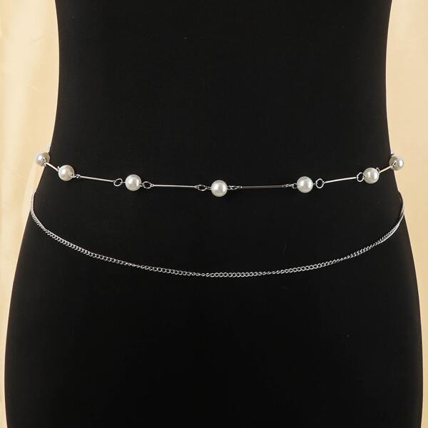 

Faux Pearl Decor Layered Waist Chain, Silver