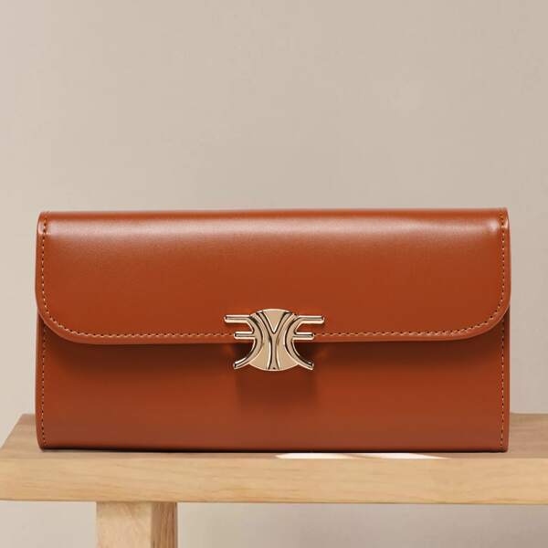 

Metal Decor Flap Long Wallet, Brown
