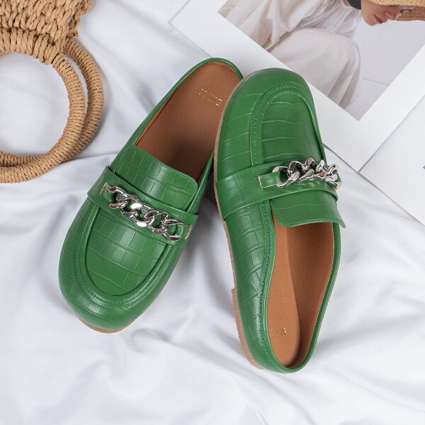 

Chain Decor Croc Embossed Flat Mules, Green
