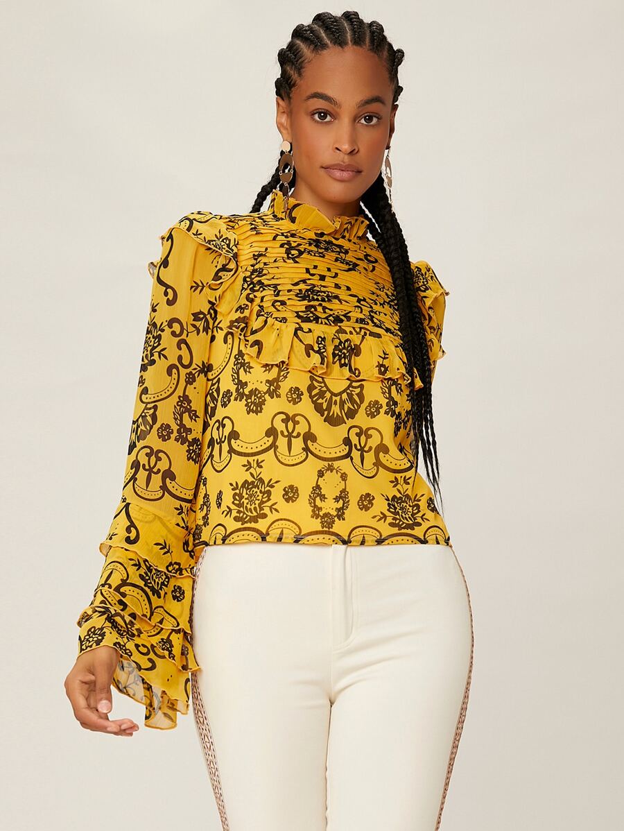 SHEINNeu Graphic Print Ruffle Trim Flounce Sleeve Fold Pleated Chiffon Blouse - Multicolor - View 1