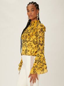 SHEINNeu Graphic Print Ruffle Trim Flounce Sleeve Fold Pleated Chiffon Blouse - Multicolor - View 4