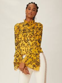SHEINNeu Graphic Print Ruffle Trim Flounce Sleeve Fold Pleated Chiffon Blouse - Multicolor - View 5