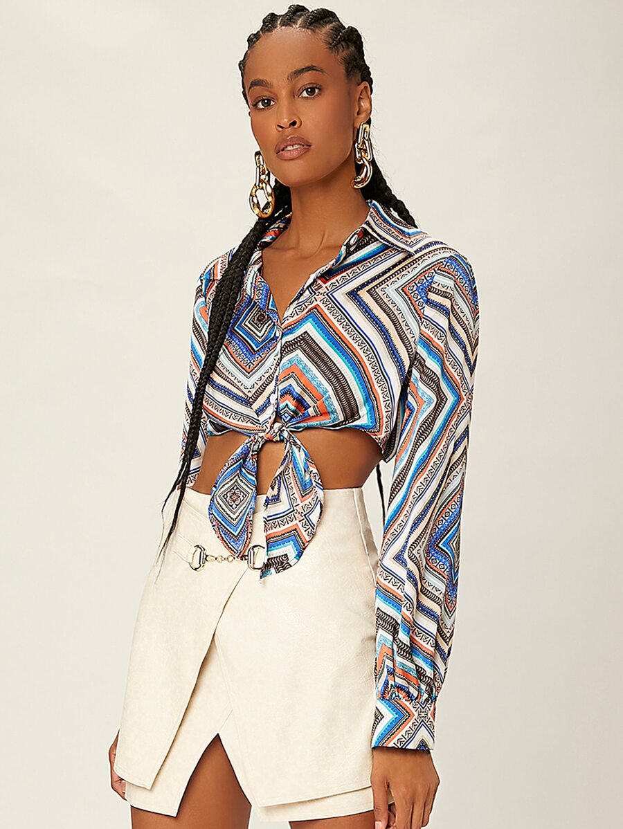 SHEINNeu Geo Graphic Button Up Tie Front Top - Multicolor - View 1