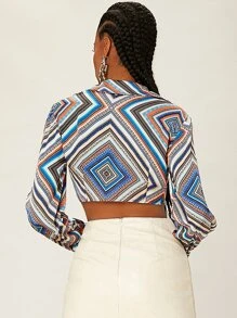 SHEINNeu Geo Graphic Button Up Tie Front Top - Multicolor - View 2