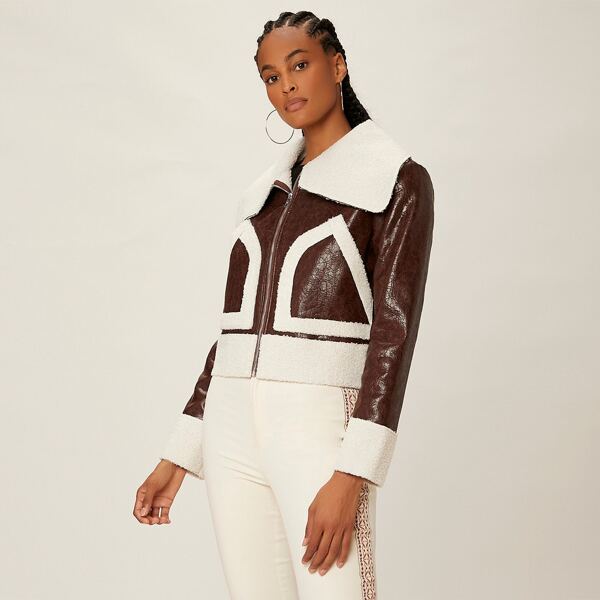 

Zipper Front Teddy Panel PU Leather Jacket, Chocolate brown