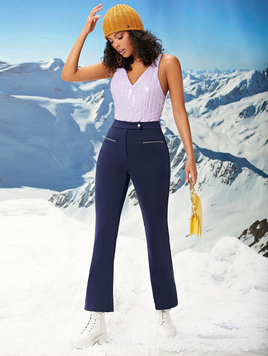 SHEINNeu 高腰拉鍊口袋喇叭褲 - 藏蓝色 - 查看 1