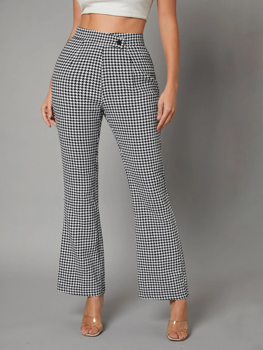 Houndstooth Print Flare Leg Pants - Black and White - View 1