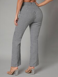 Houndstooth Print Flare Leg Pants - Black and White - View 2