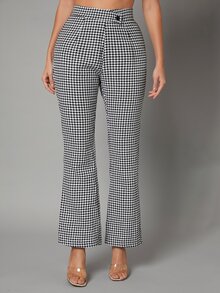 Houndstooth Print Flare Leg Pants - Black and White - View 4