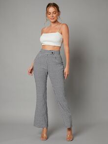 Houndstooth Print Flare Leg Pants - Black and White - View 5