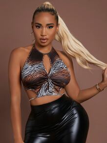 SHEIN SXY Trägertop mit Zebra Streifen Ausschnitt, Kreuzgurt auf Rücken - Schwarz - Übersicht 1