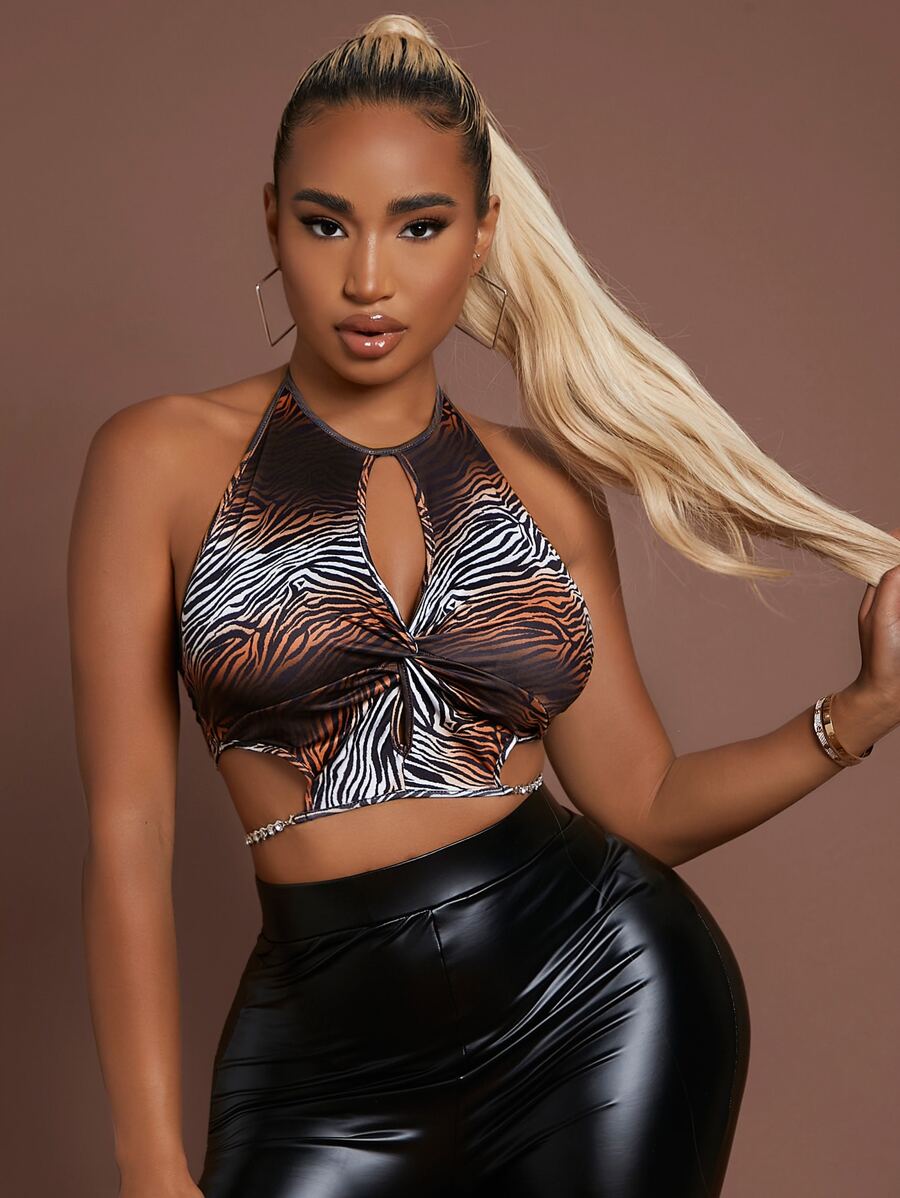 SHEIN SXY Trägertop mit Zebra Streifen Ausschnitt, Kreuzgurt auf Rücken - Schwarz - Übersicht 1