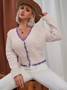 Nữ Cardigans Tương phản ràng buộc Nút phía trước Khối Màu Giải trí - Màu Hồng baby - Xem 1