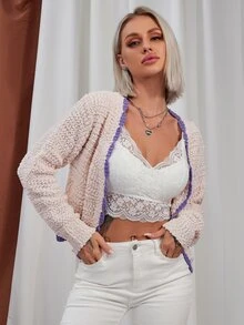 Nữ Cardigans Tương phản ràng buộc Nút phía trước Khối Màu Giải trí - Màu Hồng baby - Xem 4