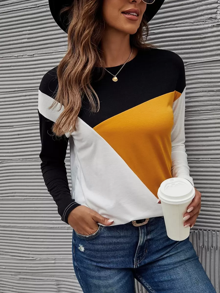 SHEIN LUNE Colour Block Drop Shoulder Tee - Multicolor - View 1