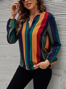 SHEIN Clasi 彩色條紋缺口V領燈籠袖襯衫 - 彩色 - 查看 3