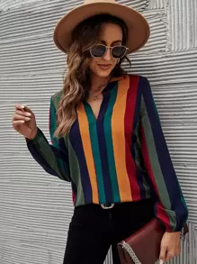 SHEIN Clasi 彩色條紋缺口V領燈籠袖襯衫 - 彩色 - 查看 5