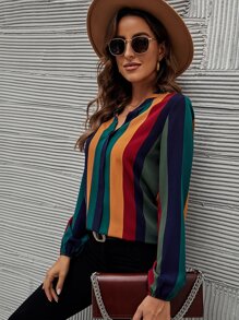 SHEIN Clasi 彩色條紋缺口V領燈籠袖襯衫 - 彩色 - 查看 6