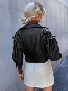 SHEIN BAE PU Bishop Sleeve Belted Moto Jacket - Black - View 2