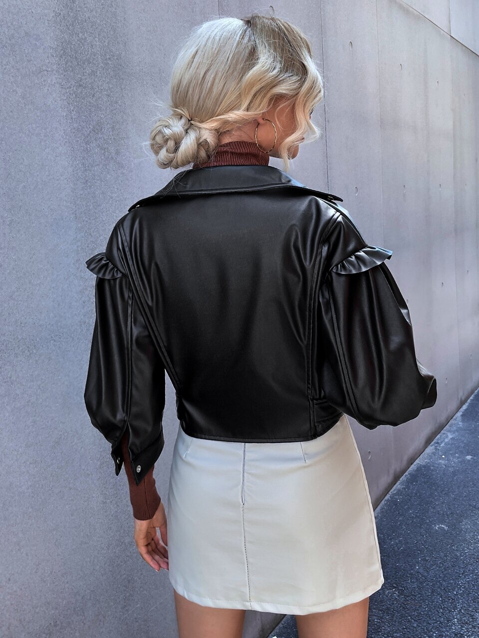 PU Bishop Sleeve Belted Moto Jacket