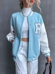 SHEIN Unity Letter Patched Drop Shoulder Varsity Jacket - Blue and White - View 1