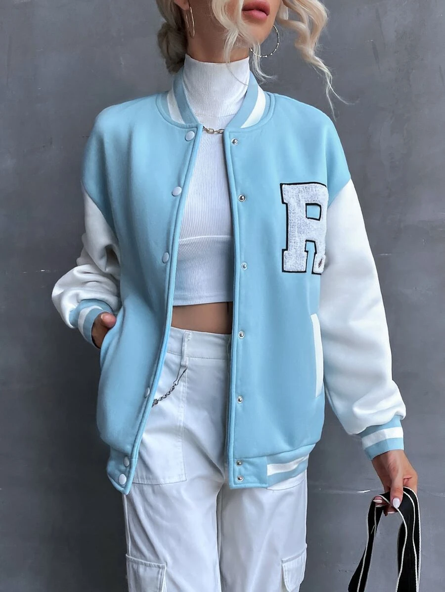 SHEIN Unity Letter Patched Drop Shoulder Varsity Jacket - Blue and White - View 1