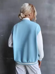 SHEIN Unity Letter Patched Drop Shoulder Varsity Jacket - Blue and White - View 2