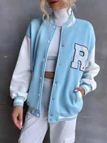 SHEIN Unity Letter Patched Drop Shoulder Varsity Jacket - Blue and White - View 3