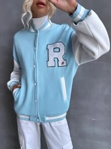 SHEIN Unity Letter Patched Drop Shoulder Varsity Jacket - Blue and White - View 7