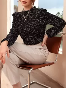 Mulvari 女士秋季波尔卡圆点荷叶边荷叶边领衬衫 - 黑色 - 查看 1