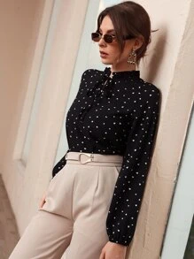 Mulvari 心形印花荷叶边系带衬衫，长袖上衣 - 黑色 - 查看 5