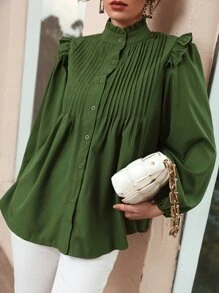 SHEIN 褶邊領百褶紐扣襯衫 - 軍綠色 - 查看 1