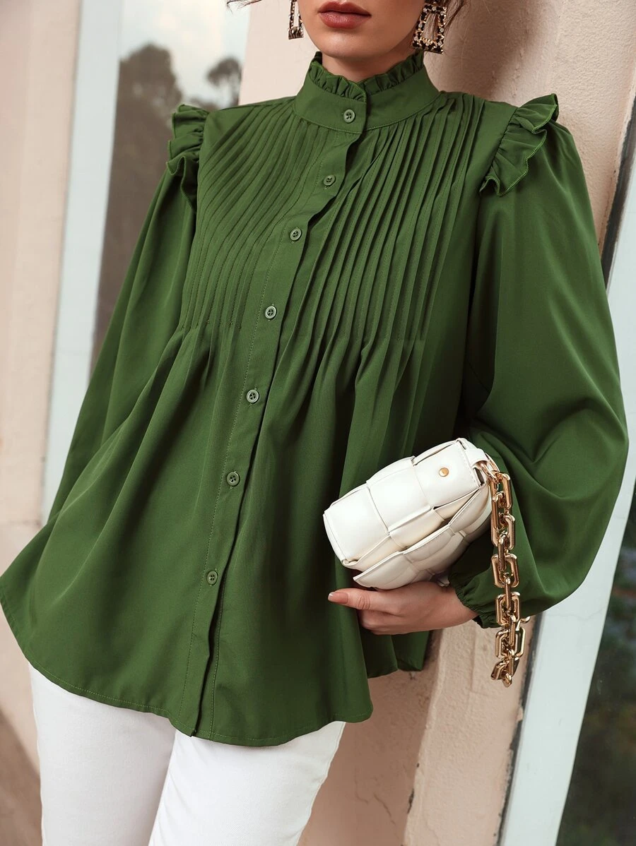 SHEIN 褶邊領百褶紐扣襯衫 - 軍綠色 - 查看 1