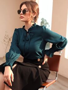 Women Blouses Frill Ruffle Dasi Depan Plain Anggun - Dark Green - View 3